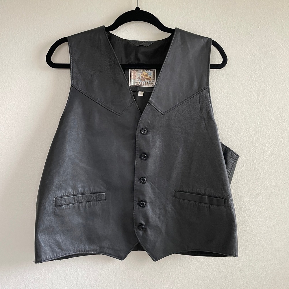 Gino Leathers Vest Mens Large Black Genuine Leather Button Front Western Biker